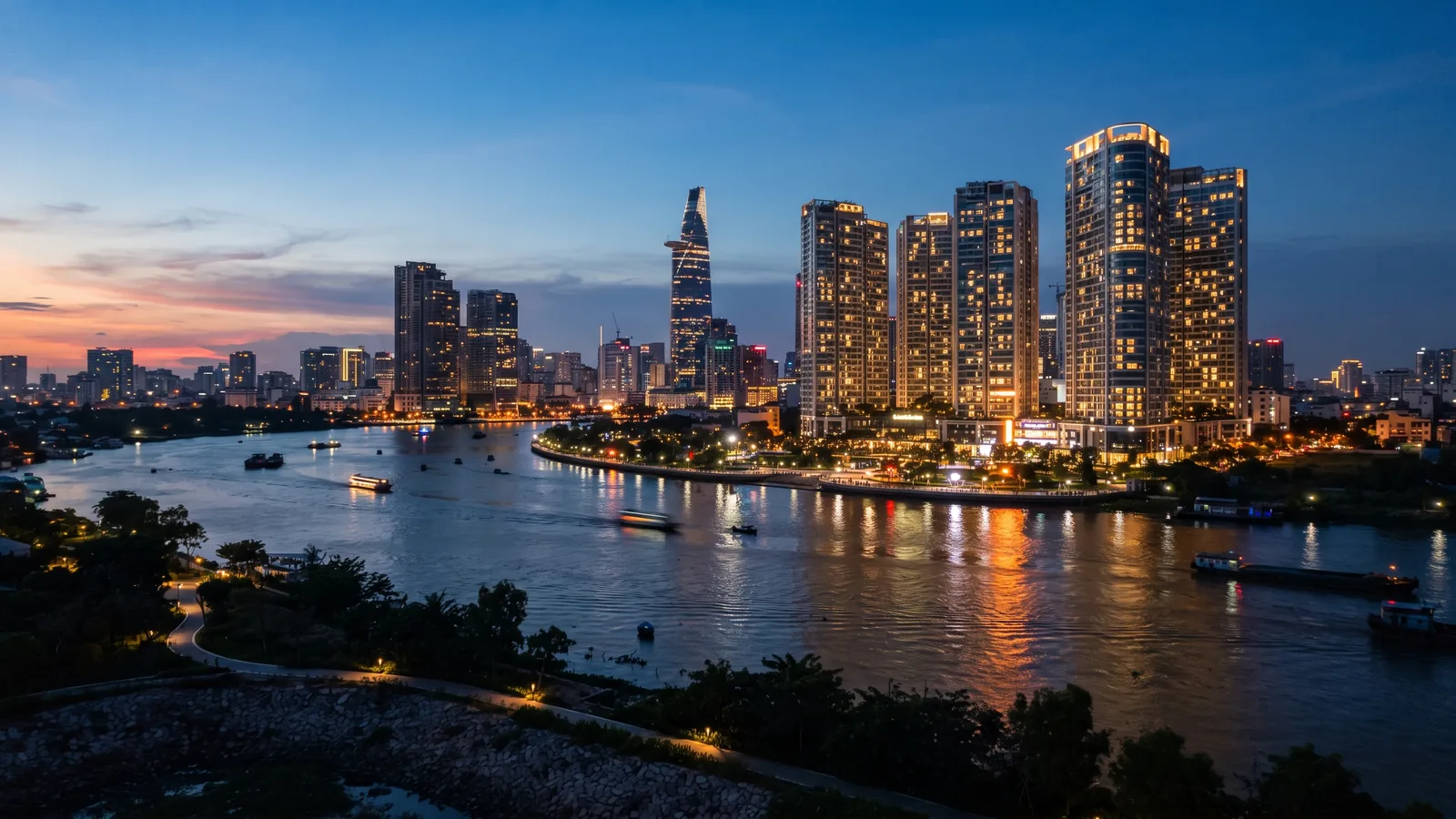 Saigon River and District 1 towers at dusk