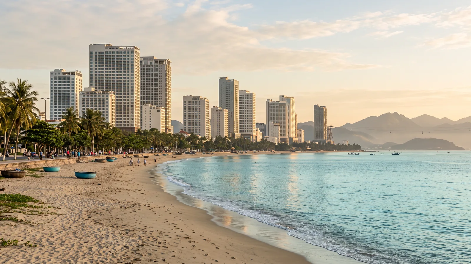 Central Nha Trang skyline from the city beach at sunrise