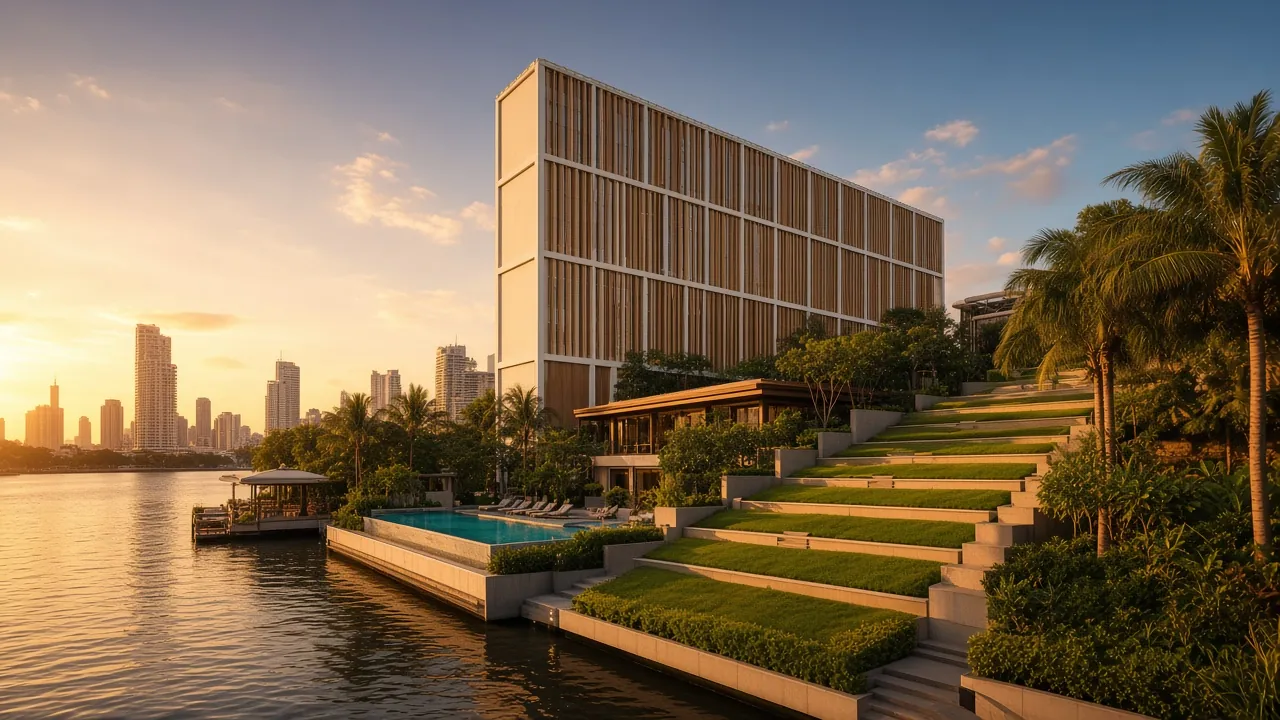 AI-generated illustration of Capella Bangkok on the Chao Phraya River, based on official hotel imagery. Not an official photo