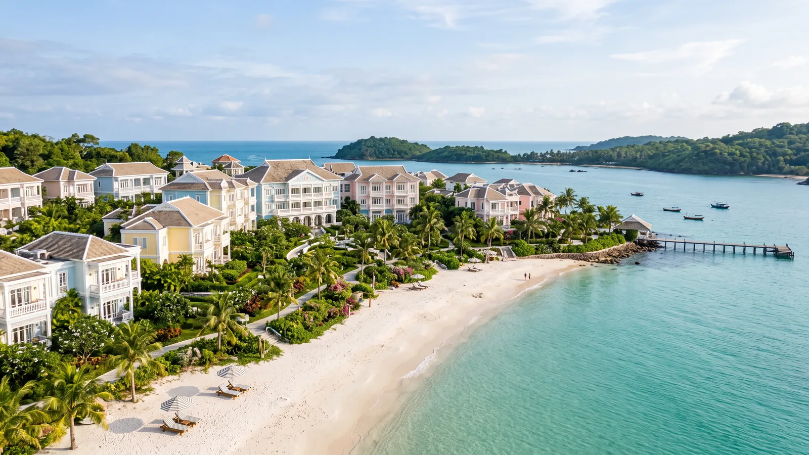 Colonial-inspired resort buildings on Khem Beach, Phu Quoc