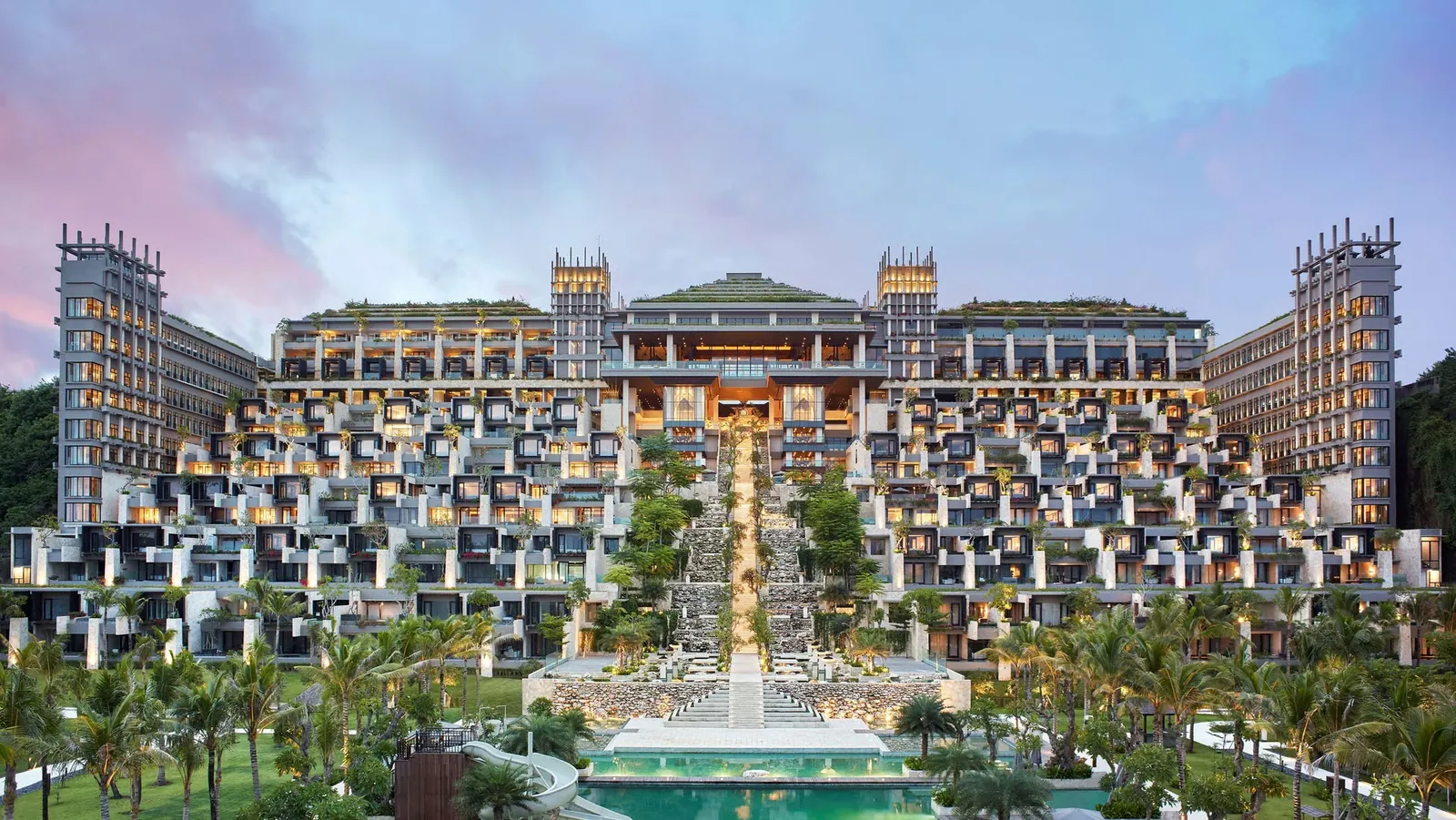 The Apurva Kempinski Bali terraced resort at dusk, Nusa Dua. Photo: Kempinski Hotels