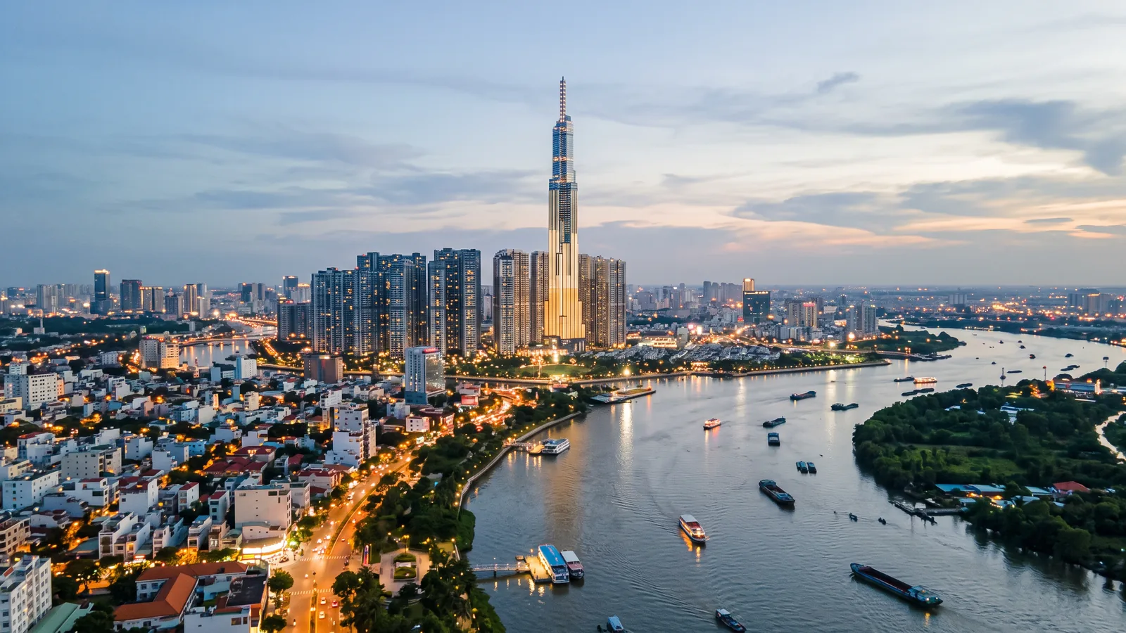 Supertall tower on the Saigon River at dusk, Ho Chi Minh City
