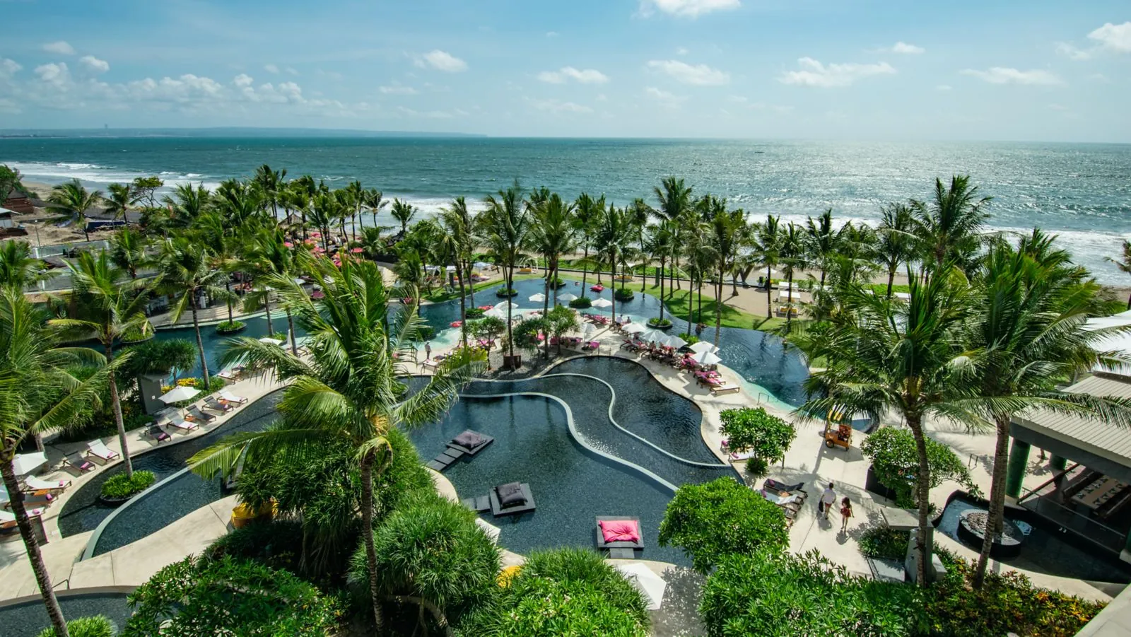 Aerial view of the WET Deck pools, gardens and beachfront at W Bali – Seminyak. Photo: Marriott International
