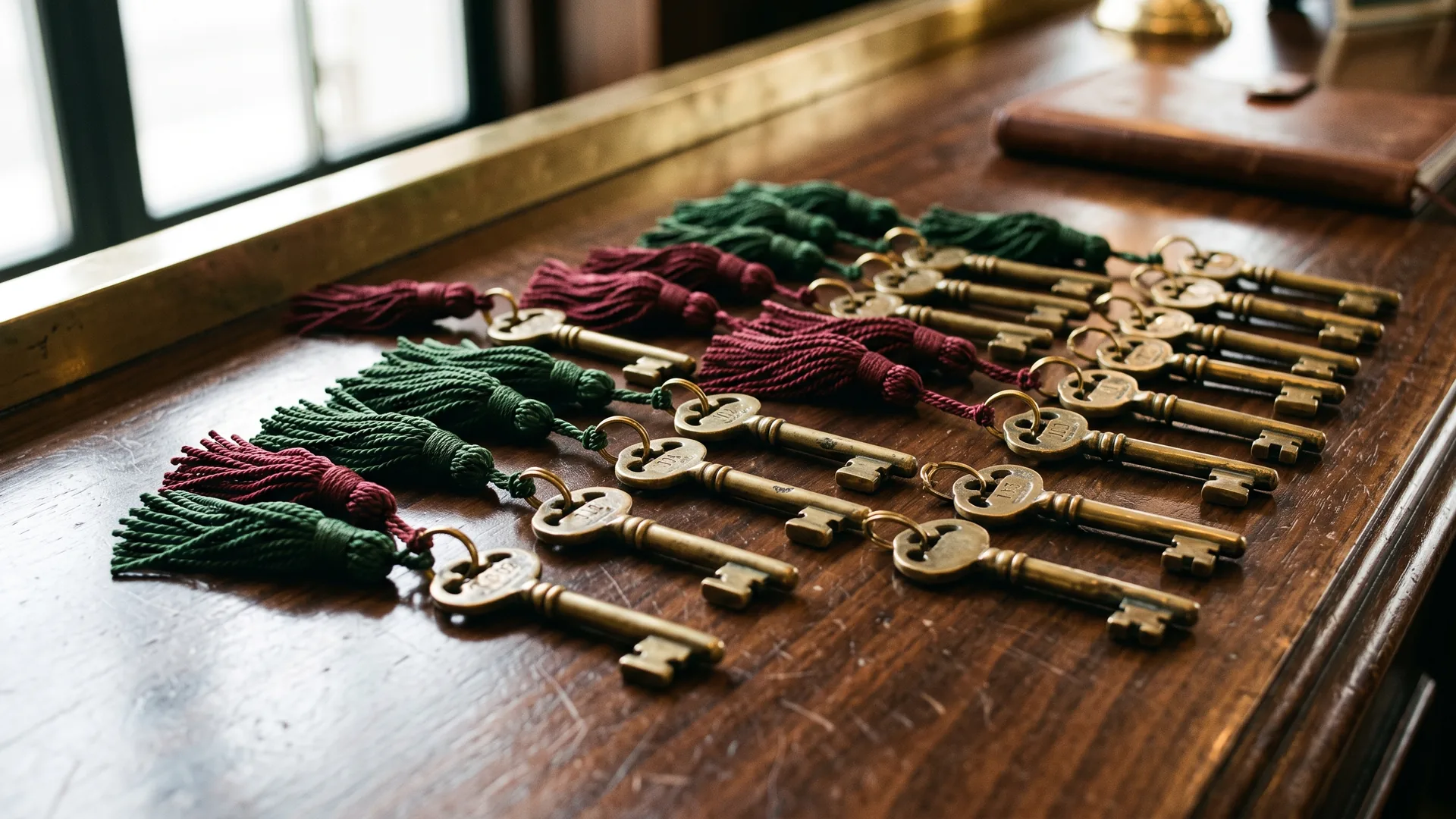 Vintage brass hotel room keys on reception desk