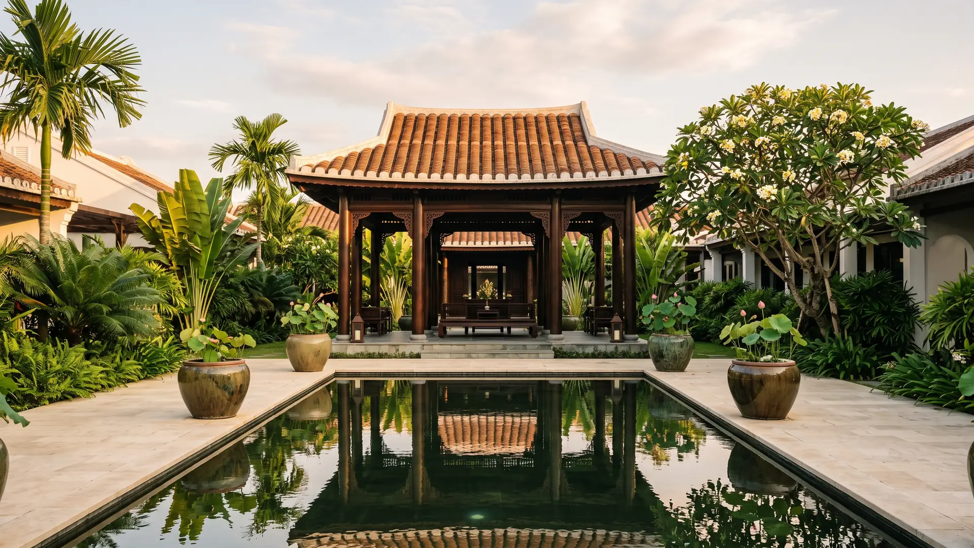 Reflecting pool and timber pavilion, Vietnamese resort