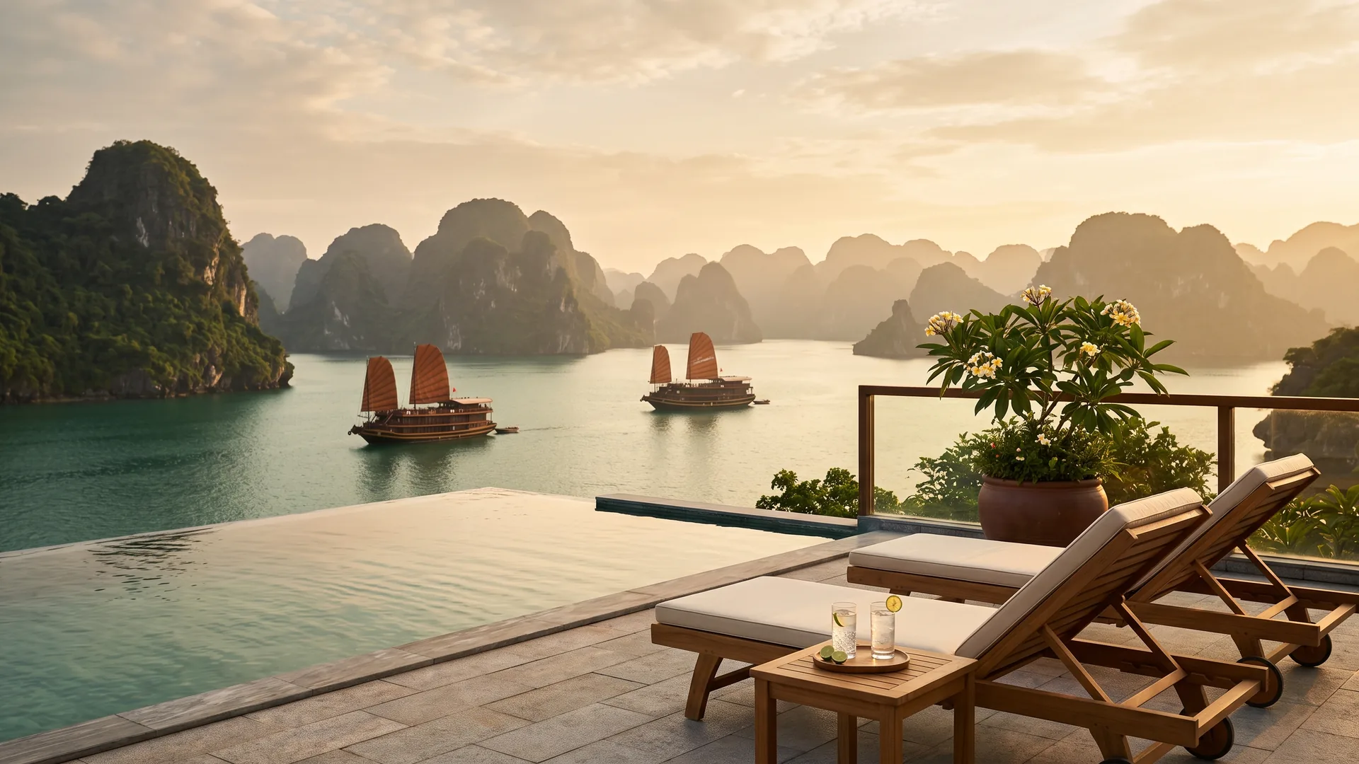 Resort pool terrace overlooking Ha Long Bay
