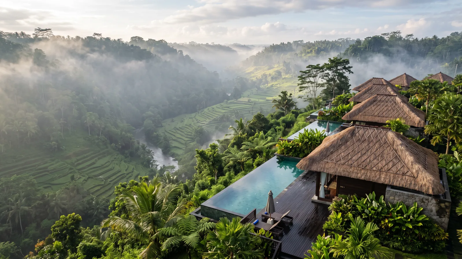 Pool villas on a forested ridge in the Payangan highlands, Bali