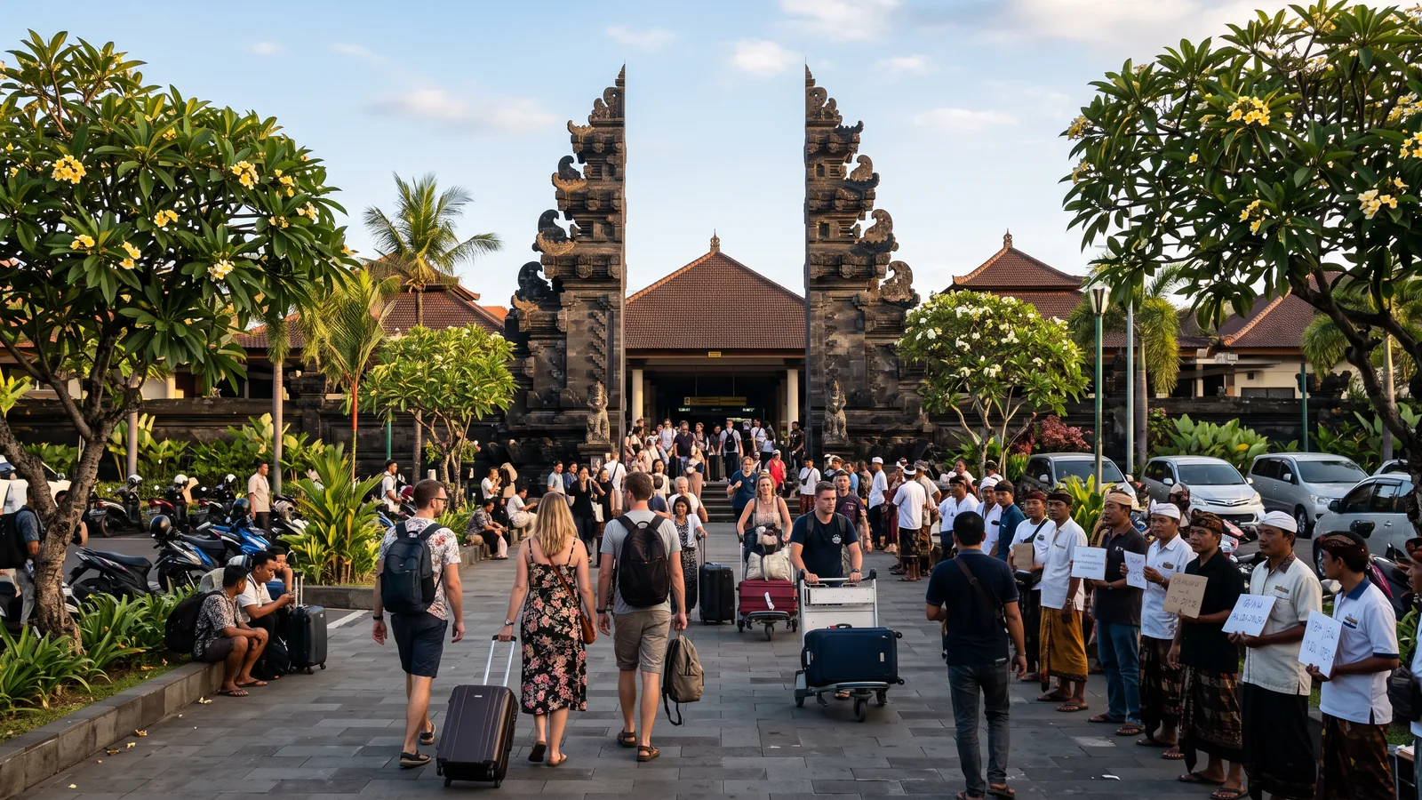 Arrivals hall at Bali airport with travellers and luggage