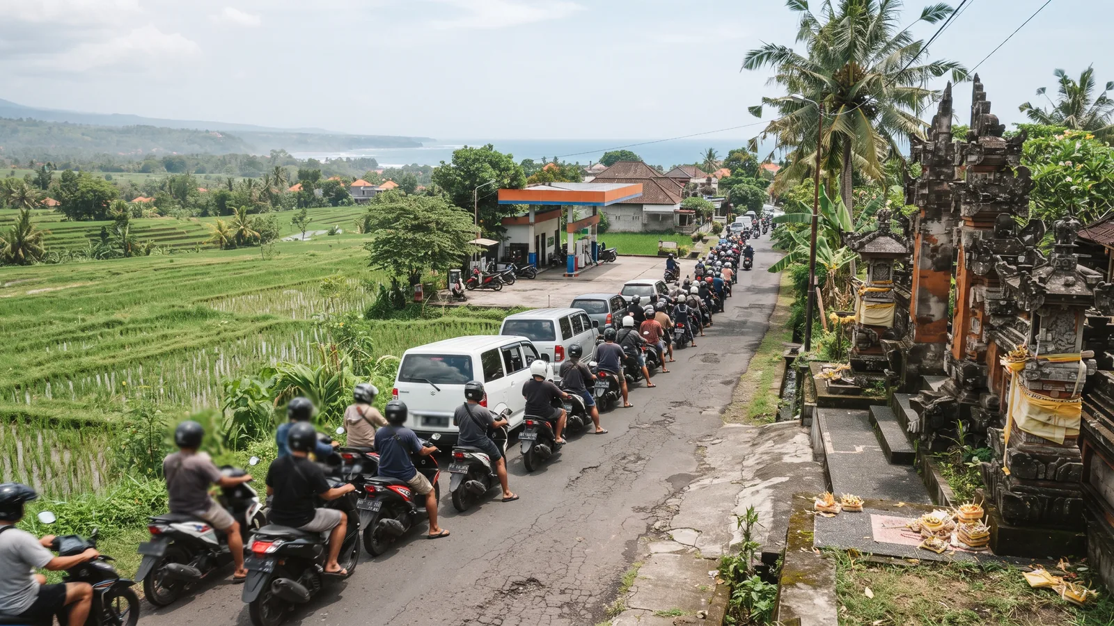 Motorbikes and minivans queuing on a rural road in east Bali