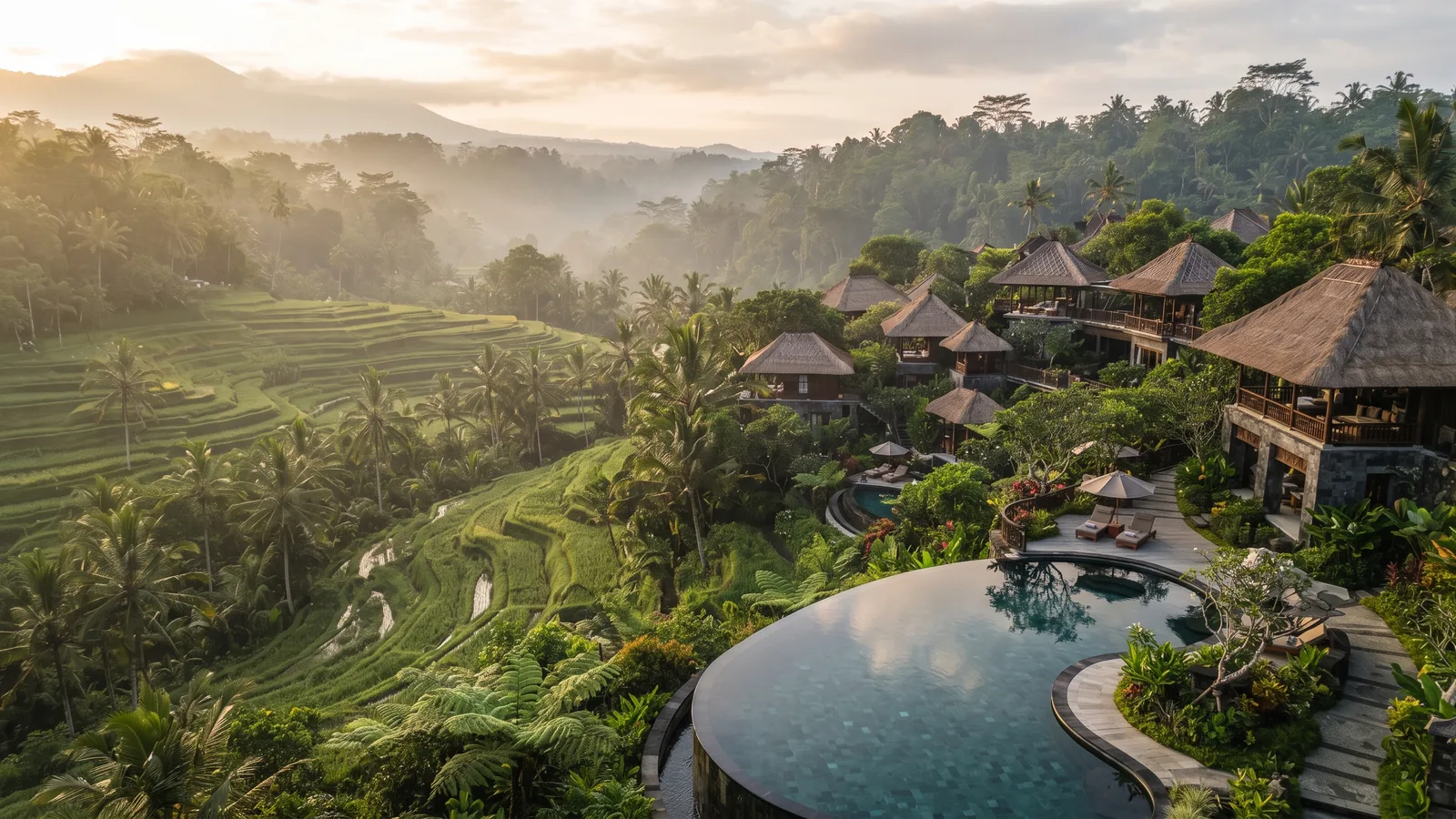 Luxury resort pavilions above rice terraces in Ubud, Bali