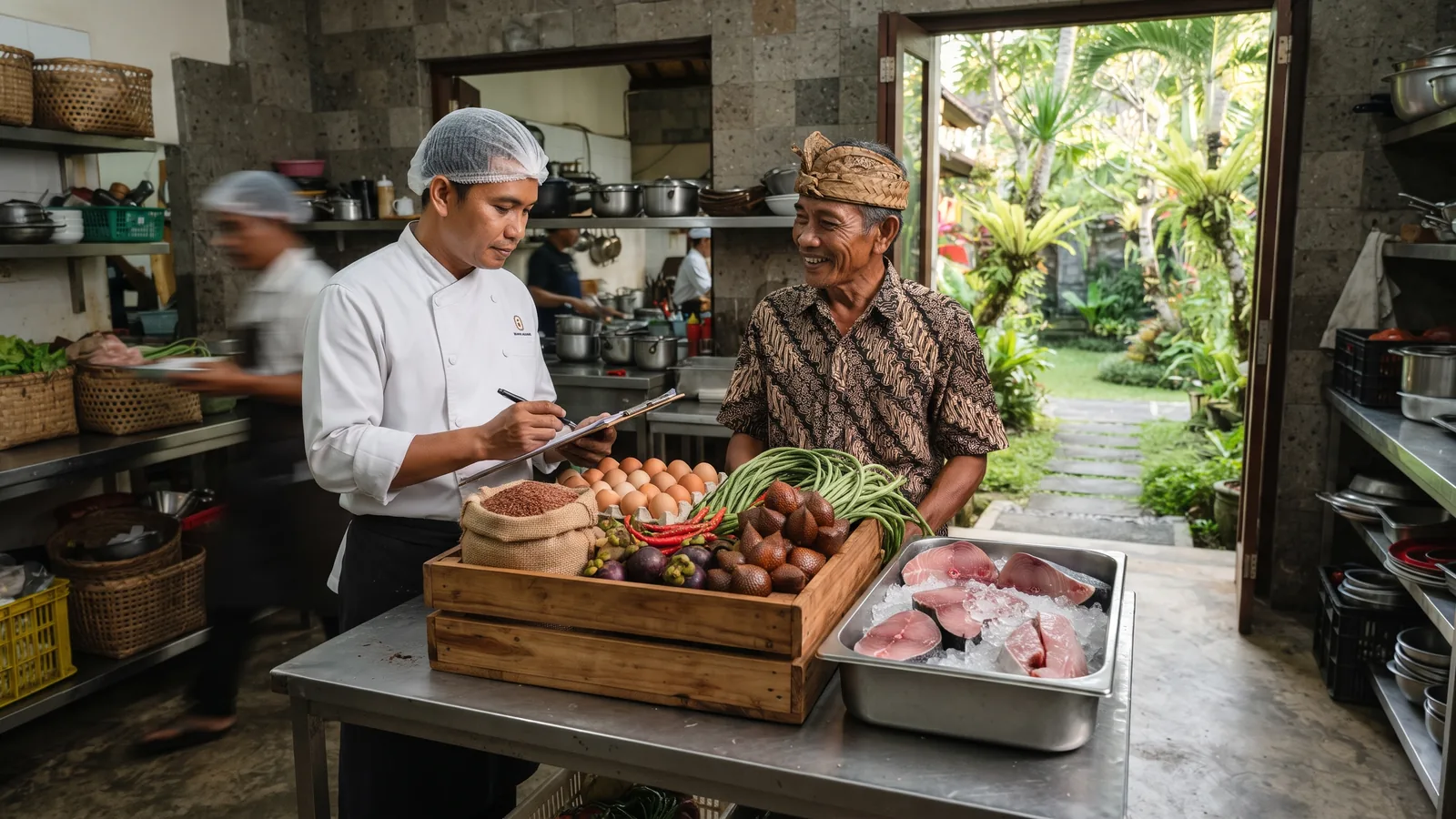 Hotel chef checking a crate of local produce and fish with a Balinese farmer at a resort kitchen door