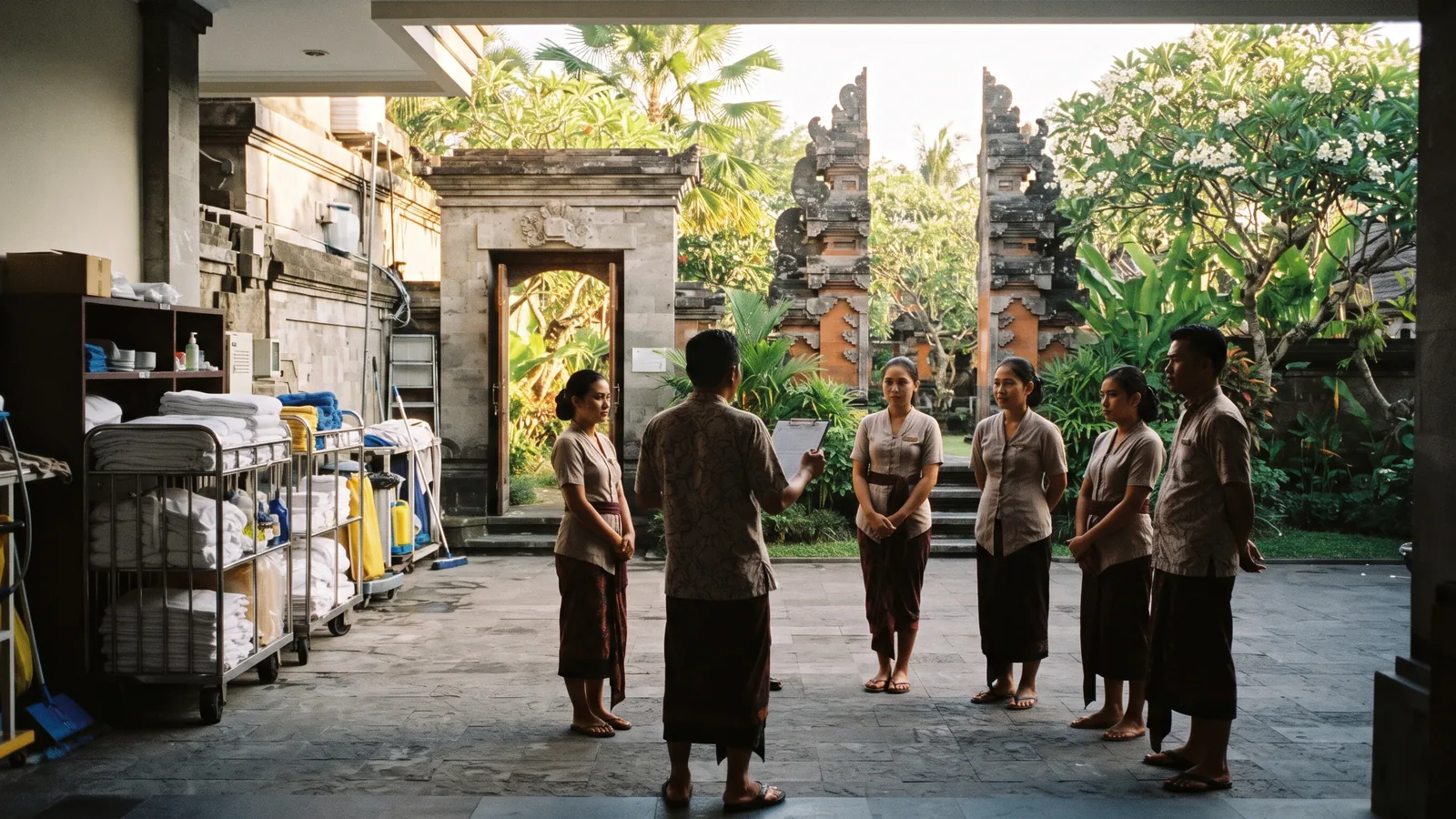 Hotel staff at a morning back-of-house briefing at a resort in Bali