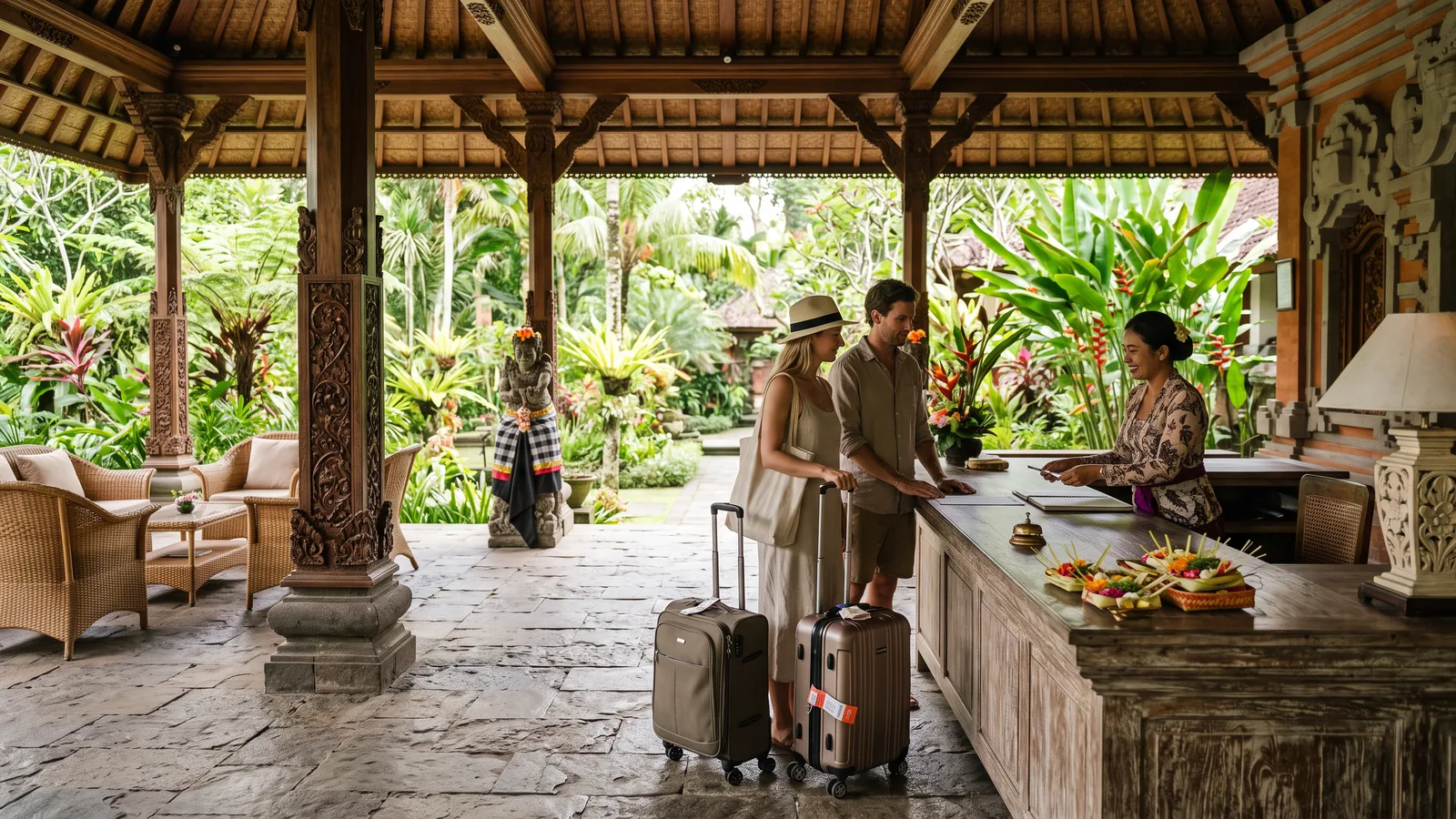 AI-generated image of foreign guests checking in at an open-air Balinese hotel lobby