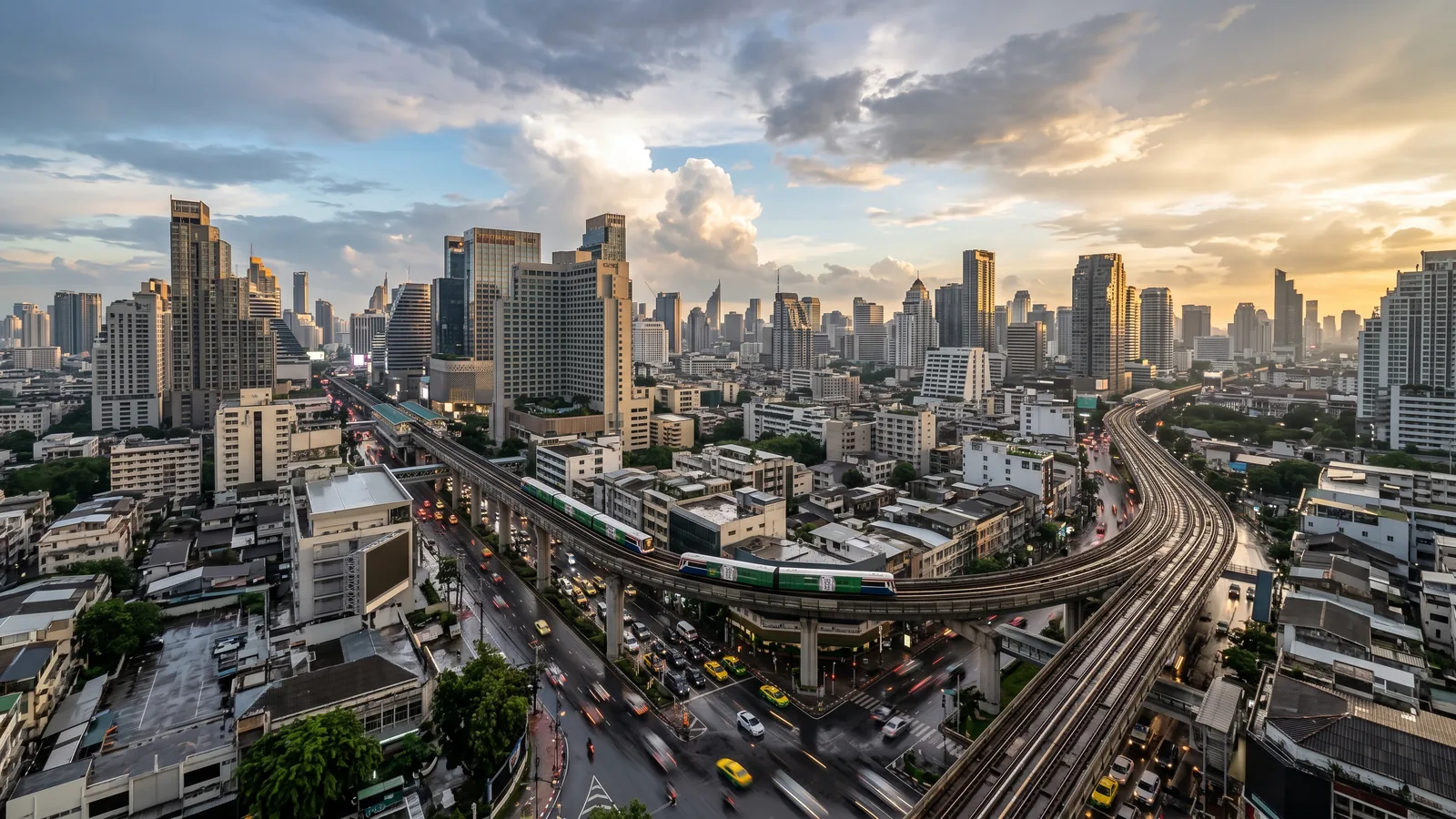 Bangkok Sukhumvit skyline and Skytrain after rain