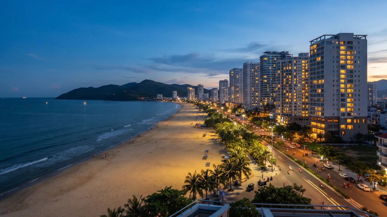 My Khe beach and the Vo Nguyen Giap coastal road at dusk, Da Nang