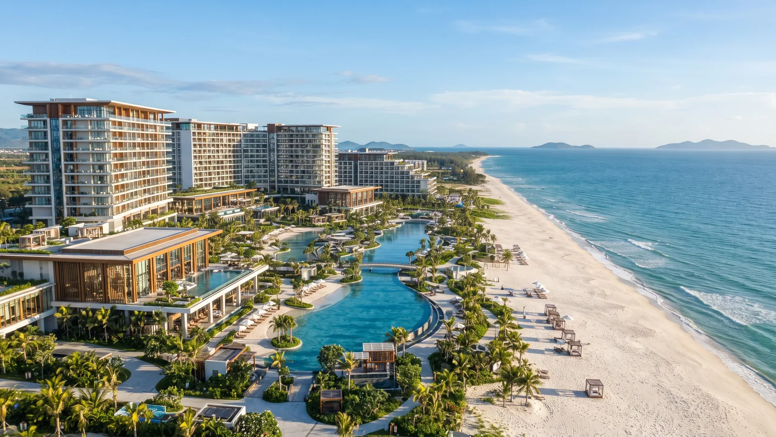 Beachfront resort towers and lagoon pools on Bai Dai, Cam Ranh
