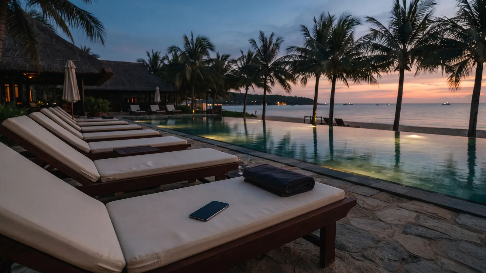 Resort pool deck at dusk, Phu Quoc
