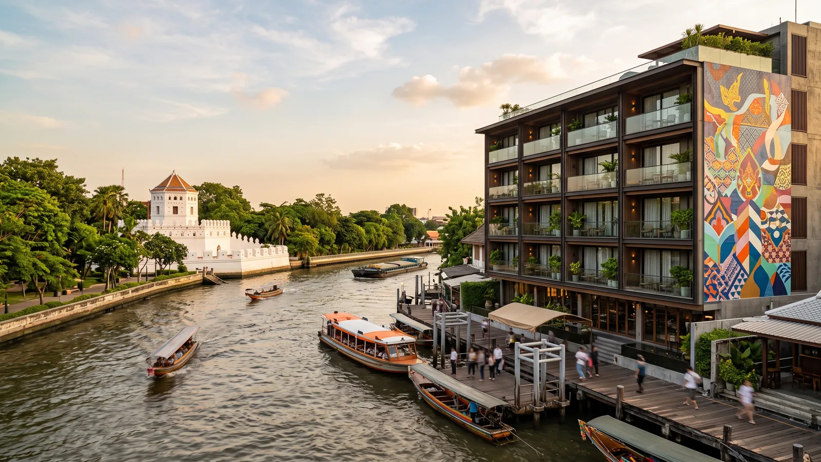 Small riverside boutique hotel with balconies beside a ferry pier in Bangkok's old town