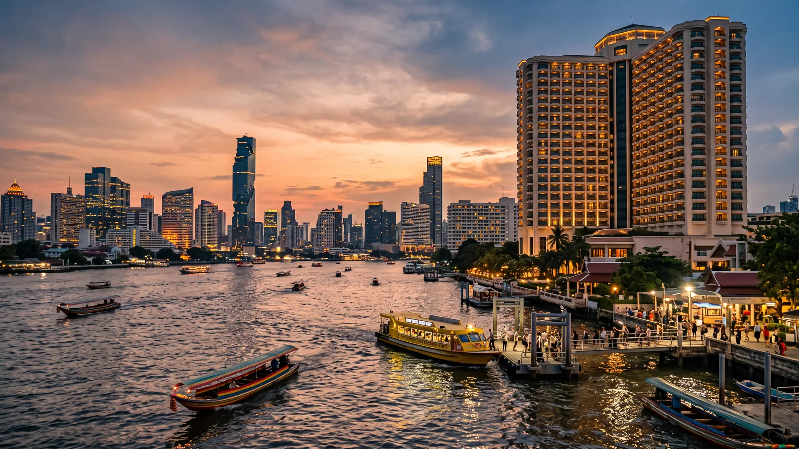 Riverside hotel tower on the Chao Phraya River in Bangkok at dusk