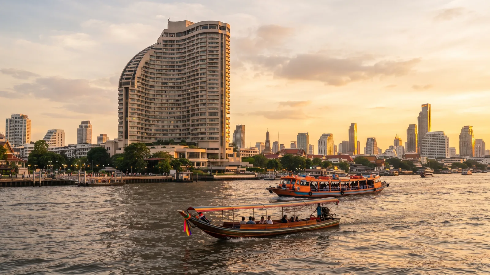 AI-generated image of a large hotel tower on the Chao Phraya River in Bangkok at golden hour