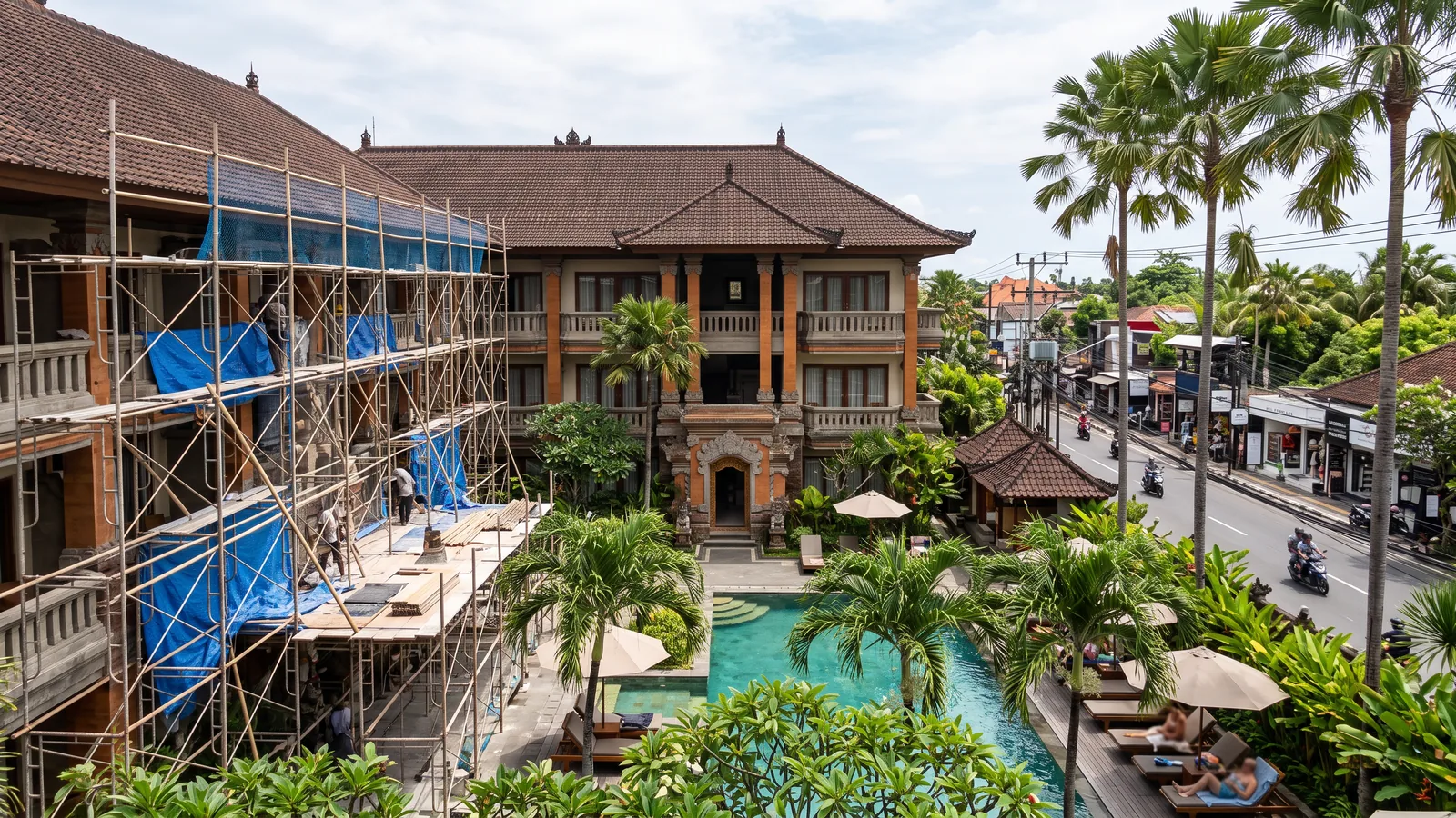 Mid-scale resort hotel under refurbishment in central Seminyak, Bali