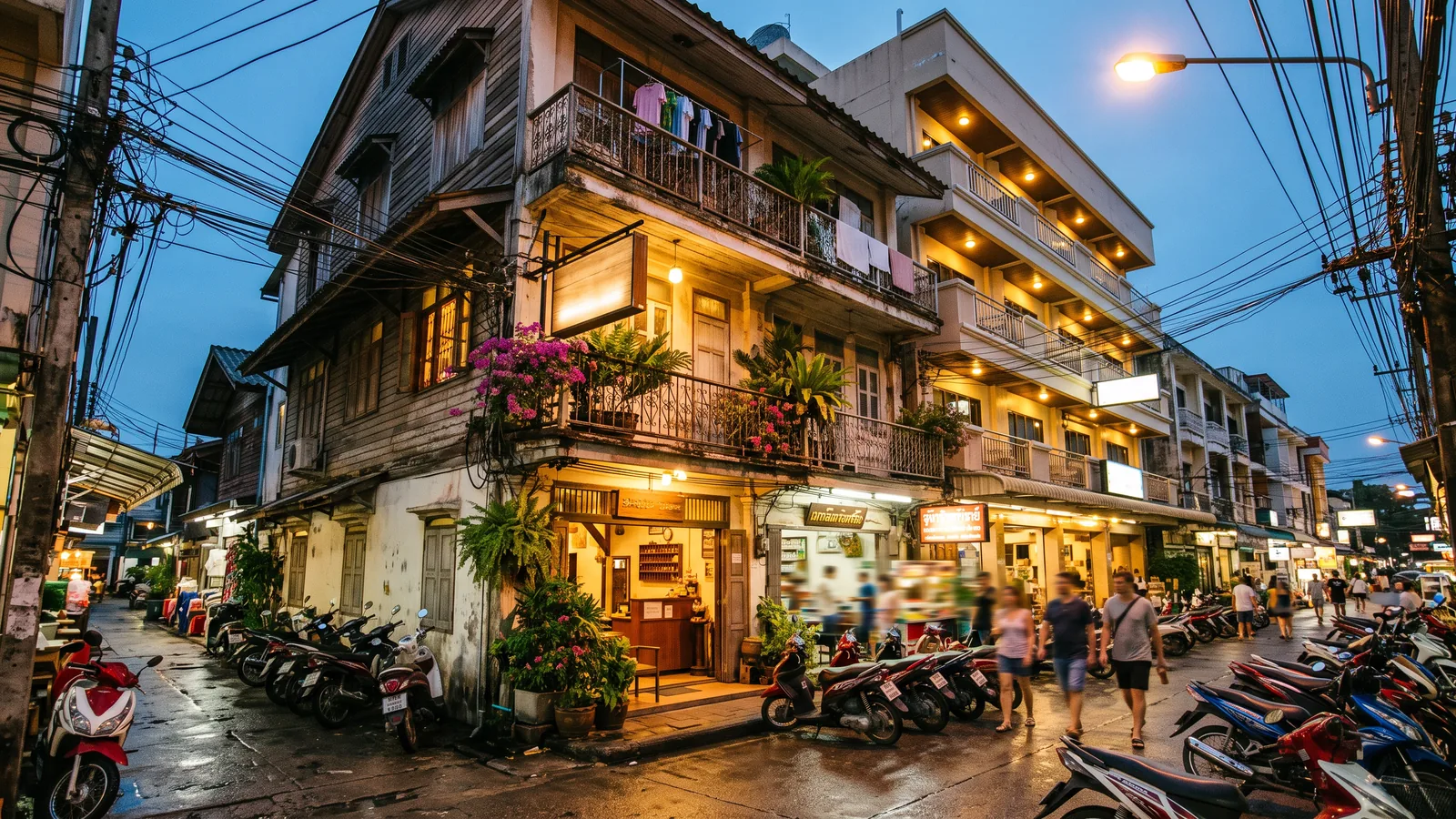 Small guesthouse in a converted shophouse next to a mid-rise hotel on a Patong street at dusk
