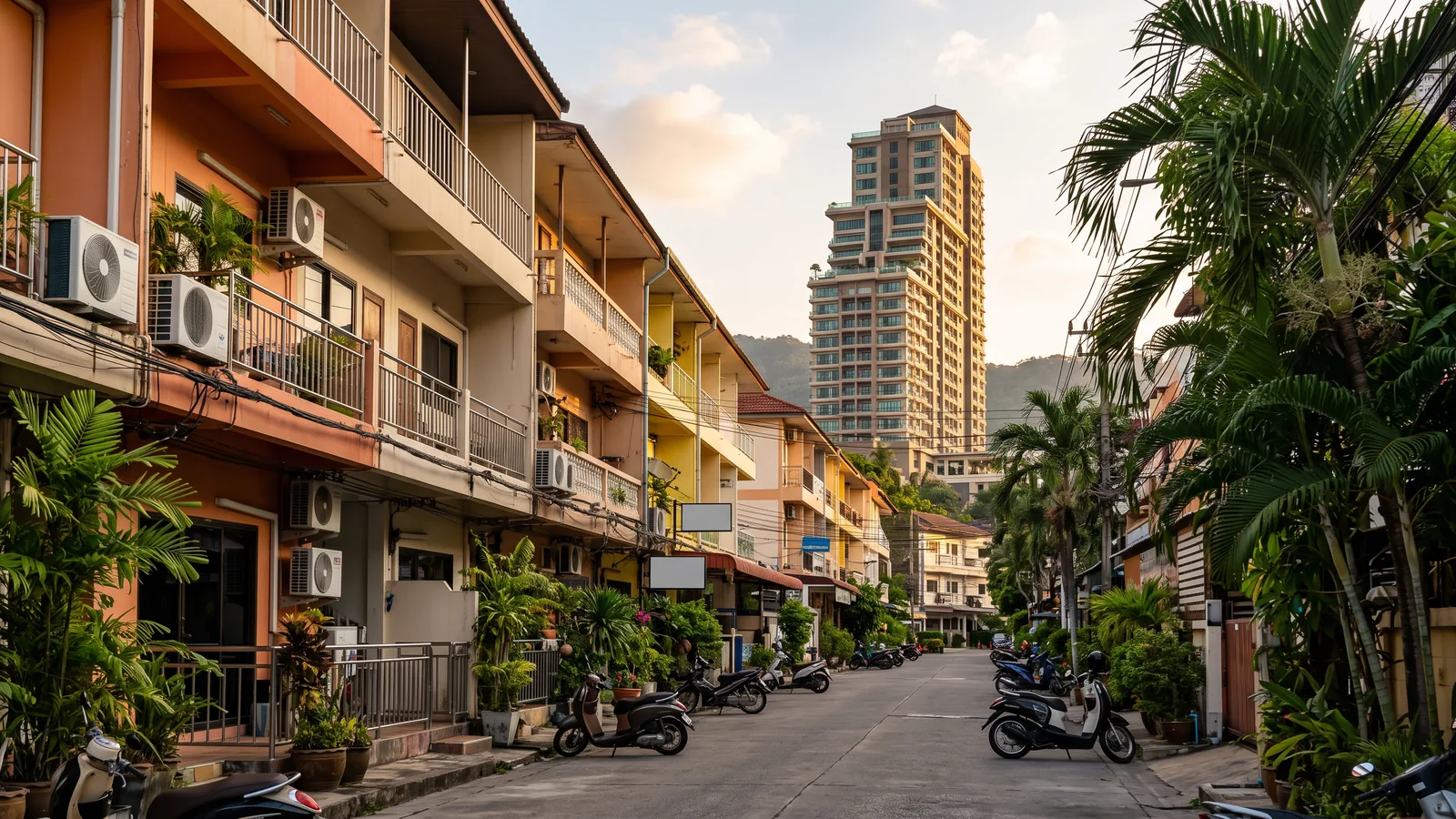 Low-rise budget hotels on a street in Patong, Phuket