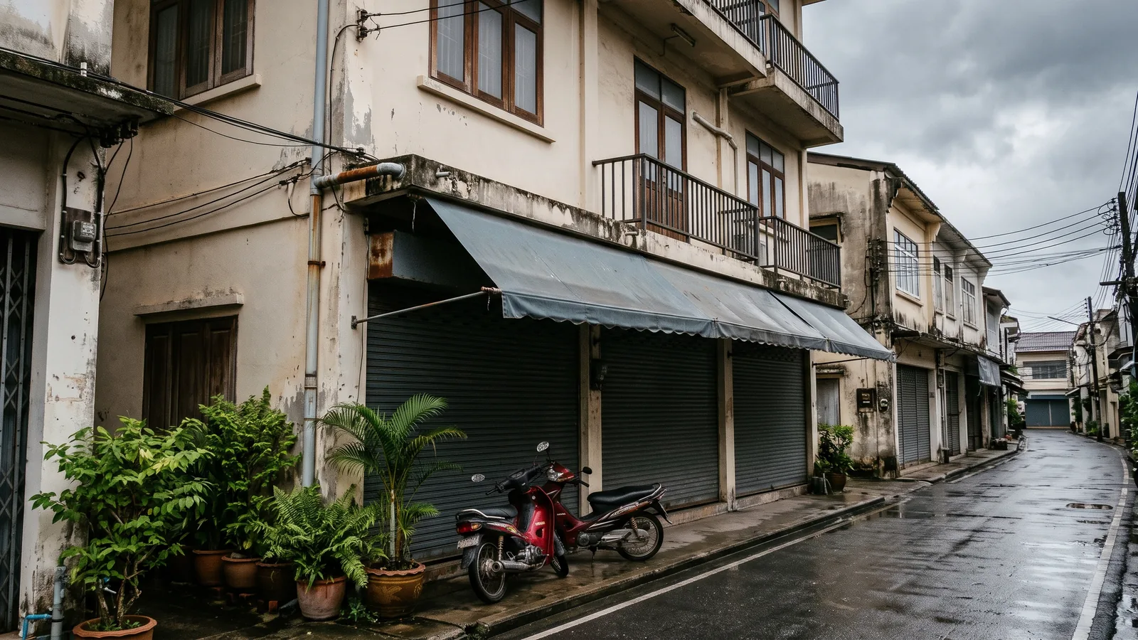 Shuttered small guesthouse on a wet side street in an old Thai town