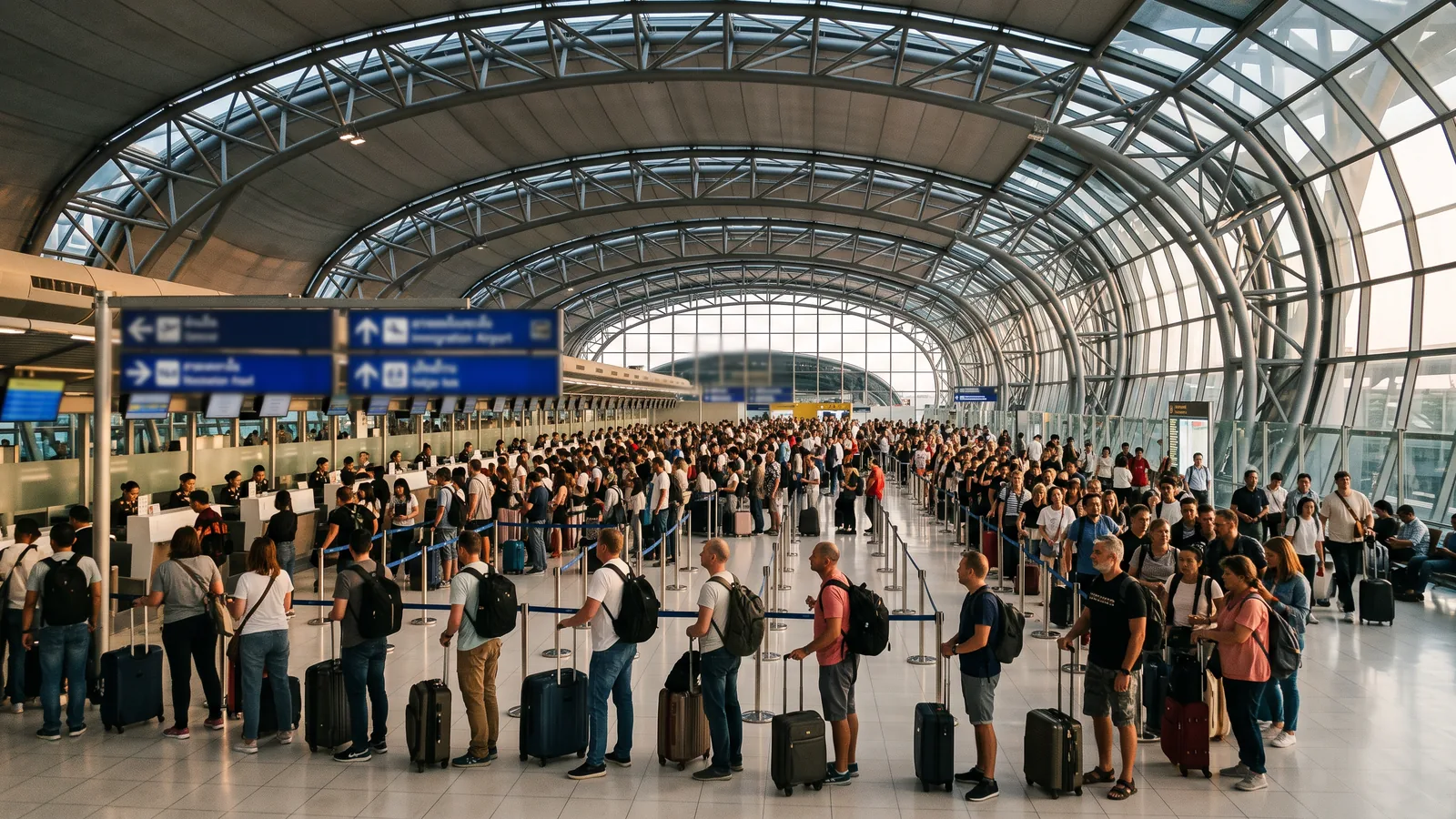 AI-generated image of travellers queueing in the arrivals hall at Suvarnabhumi Airport, Bangkok