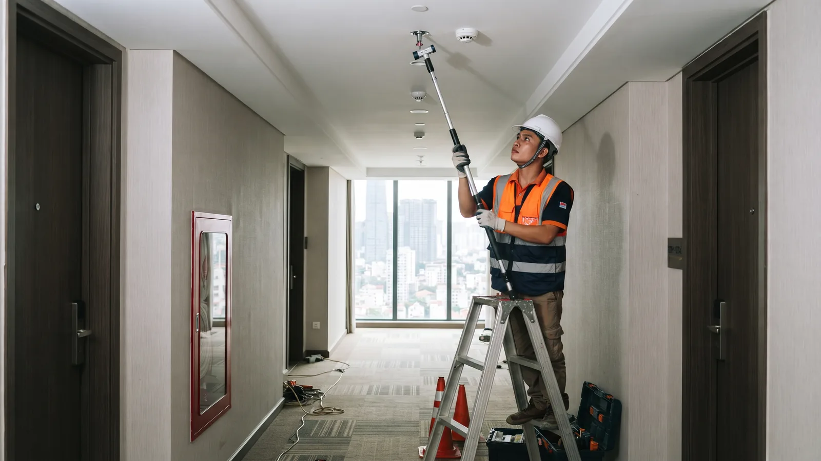 Fire safety engineer testing a sprinkler in the corridor of a new hotel in Ho Chi Minh City