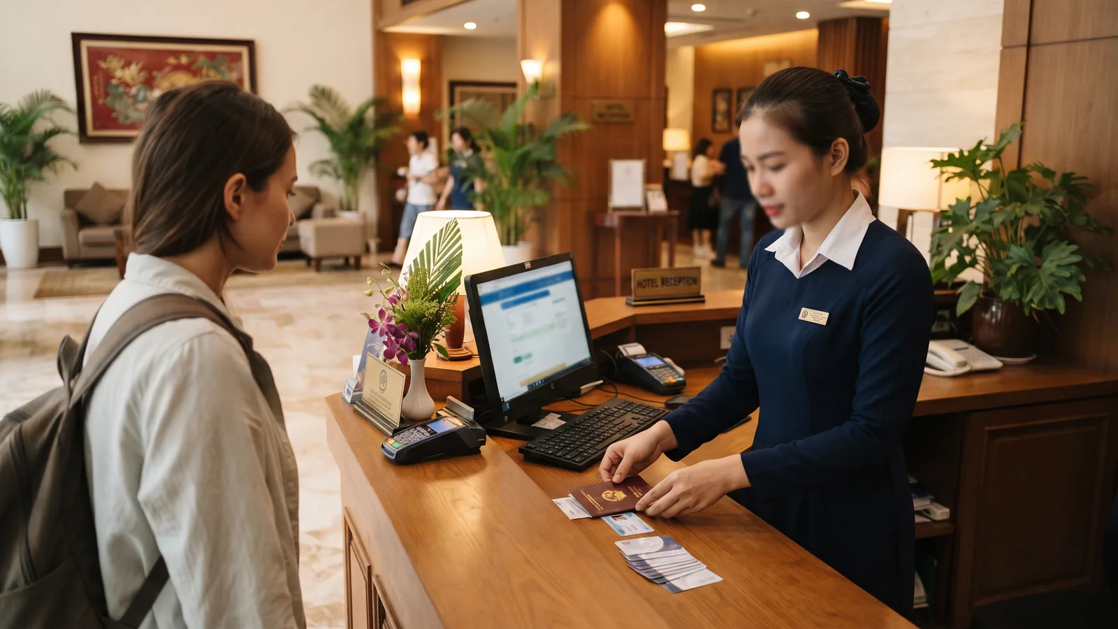 AI-generated image of a hotel receptionist checking a guest's passport at a front desk in Ho Chi Minh City