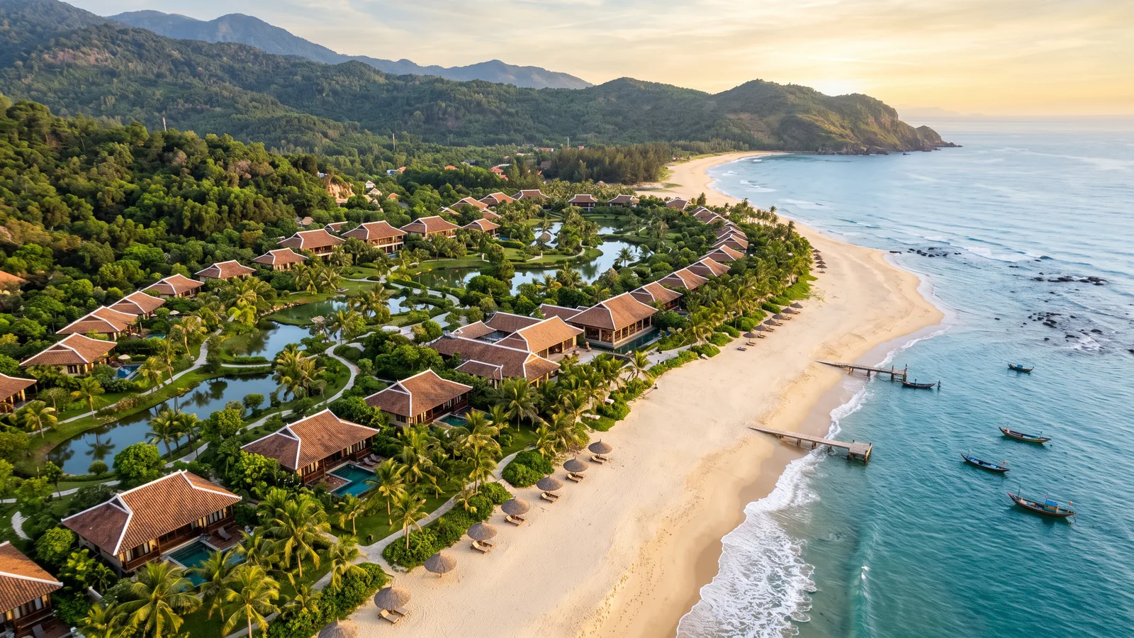 AI-generated aerial image of a low-density beach resort on Vietnam's central coast